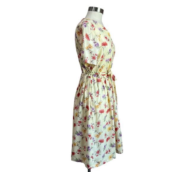 Vintage Karin Stevens Butter Yellow Floral Waist Tie A Line Dress Size 12 - Picture 2 of 7